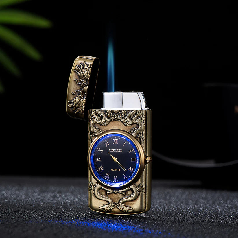 cigarette lighter clock A fine and rare Dunhill lighter, with a rare inset in the front of the lighter. Made in a limited production run of 1931 (to honor the original year of production) Our elegant lever clock lighters sport a functioning Creative Dial Inflatable Watch Lighter